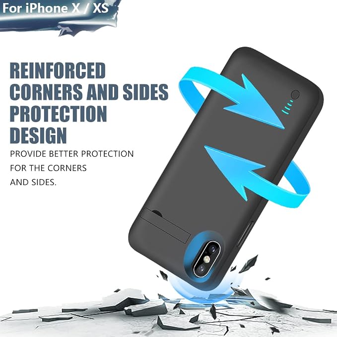 Battery Case for iPhone X & iPhone Xs, 5000mAh Rechargeable Extended Battery Charging Charger Case, Add 2X Extra Juice, Support Wired Headphones (5.8 inch) Black