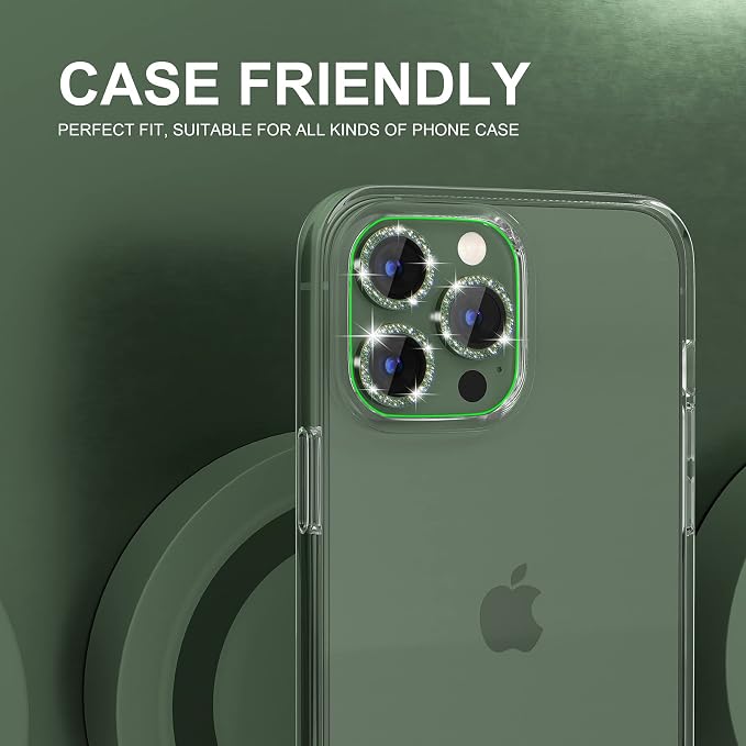 Choiche Compatible for iPhone 13 Pro/iPhone 13 Pro Max Camera Lens Protector Bling, 9H Tempered Glass Camera Cover Screen Protector Metal Ring Decoration Accessories (Glitter-Alpine Green)
