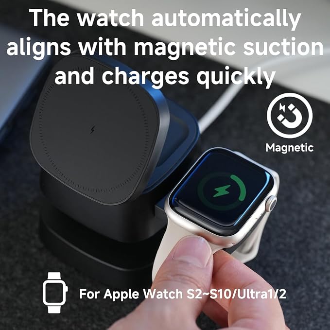 4 in 1 Magnetic Wireless Charging Station,15W Fast Charging with Adjustable Night Light,3 in 1 Wireless Charging Station for iPhone 17/16/15/14/13 Pro Max & Apple Watch,AirPods (Starlight Gray)
