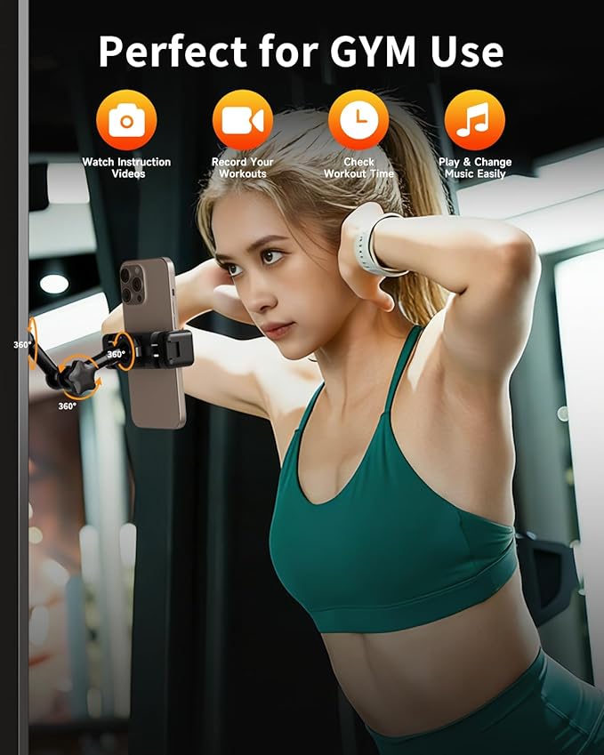 Magnetic Phone Holder for Gym - Heavy Duty Gym Phone Holder Magnet with Strong Magnetic Force, Attach to Metal Surfaces, 360°Adjustable Arm, Compatible with 4"-7" Smartphones