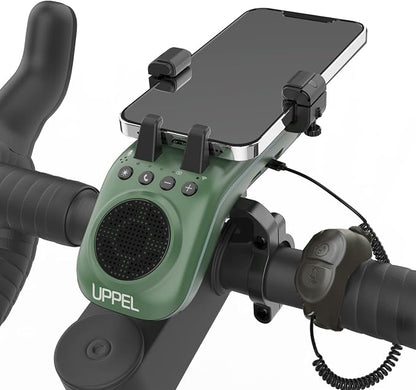 UPPEL Bike Phone Mount, Multifunctional Phone Holder Bicycle Bluetooth Speakers 10-in-1 LED Light Bike Horn Microphone Ideal for Road & Mountain Bike - Extreme & Casual Cycling (Green)