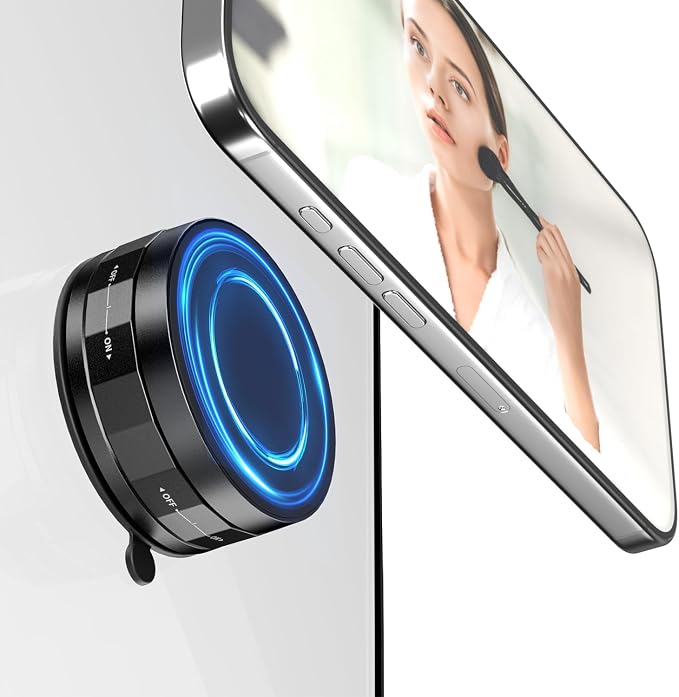 imluckies Magnetic Shower Mirror Phone Holder, Vacuum Suction Cup Phone Mount Compatible with Magsafe iPhone, Portable Mini Stand for TikTok/Selfies/Movies/Music/Gym/Bathroom/Kitchen, Black
