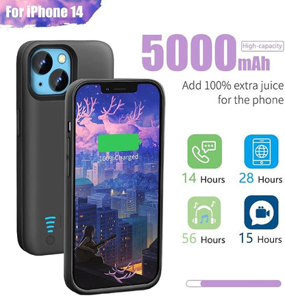 Sitong Battery Case for iPhone 14, 5000mAh Rechargeable Extended Battery Charging/Charger Case, Add 100% Extra Juice (6.1 inch) Black