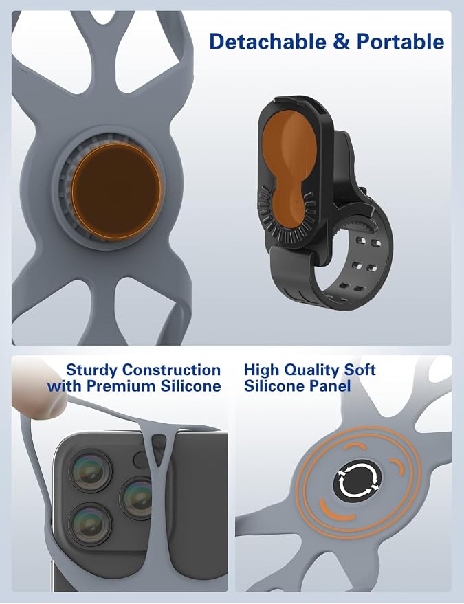 Bike Phone Mount Holder, Detachable Bicycle- 360° Rotatable, Cell Phone Mount for 4"-7" Phones Silicone Bicycle for 16 Pro Max / 15, S10 and More 4.7-6.8" Phone, Grey