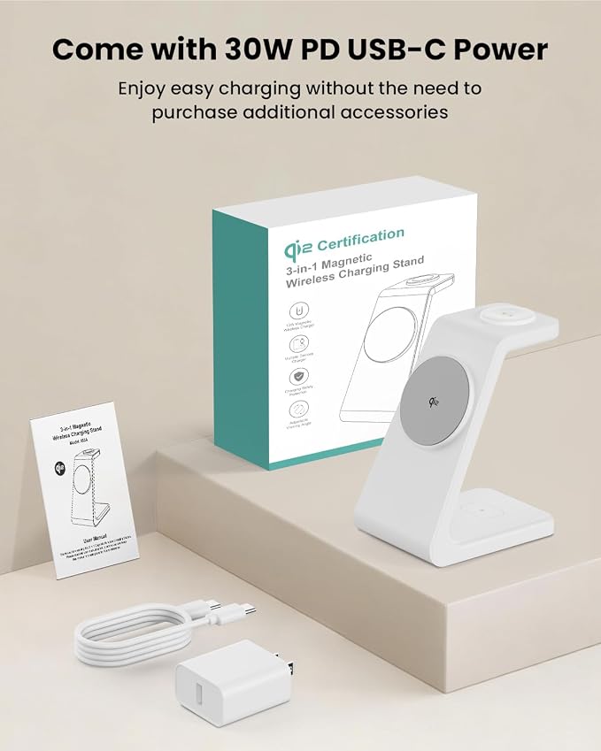 Magsafe Wireless Charging Station for iPhone: Qi2 Certified 15W Fast Charging Station, 3 in 1 Magnetic Charger Stand for iPhone 17/16/15/14/13/12 Series, Apple Watch, AirPods 4/3/Pro