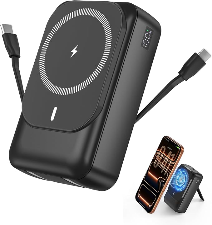 Magnetic Wireless Power Bank 26800mAh, PD 22.5W Type-C Fast Charging Portable Charger 5 Outputs, Battery Pack for Magsafe Built in 2 Cables with Stand LED Display for iPhone 17/16/15/14/13/12-Black
