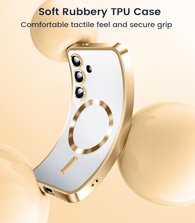 Slim Thin for Samsung Galaxy S25 Plus Clear Case, Compatible with MagSafe, Built-in Camera Lens Protector, Shockproof Protective Phone Case, Electroplated Bumper Cover, Gold