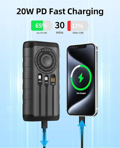 Solar Portable Charger Power Bank 59800mAh, Outdoor Waterproof Battery Pack, 3 Built in Cables & Hand Crank, 6 Outputs, 15W Wireless Charging, Emergency LED Flashlight for Camping Hiking Travel