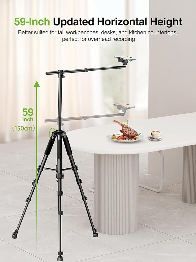 elitehood Phone Tripod for Overhead Video Recording – Updated Horizontal 59-inch Adjustable Tripod for iPhone with 25in Long Extendable Arm, 360° Rotation iPhone Stand Holder for Overhead Recording