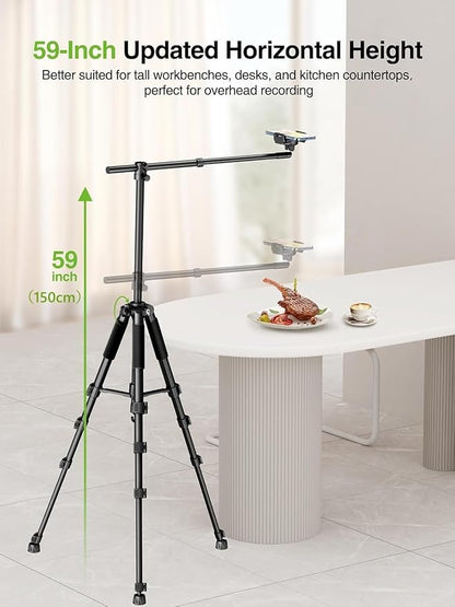 elitehood Phone Tripod for Overhead Video Recording – Updated Horizontal 59-inch Adjustable Tripod for iPhone with 25in Long Extendable Arm, 360° Rotation iPhone Stand Holder for Overhead Recording