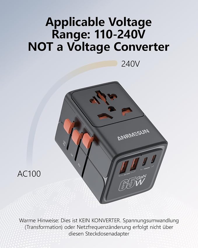 Universal Travel Adapter, International Power Adapter with 2 USB C (GaN 65W) 2 USB A Ports, All in One Worldwide Plug Adapter, Travel Essentials for USA to Europe UK Germany Italy Australia, Black
