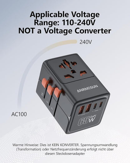 Universal Travel Adapter, International Power Adapter with 2 USB C (GaN 65W) 2 USB A Ports, All in One Worldwide Plug Adapter, Travel Essentials for USA to Europe UK Germany Italy Australia, Black