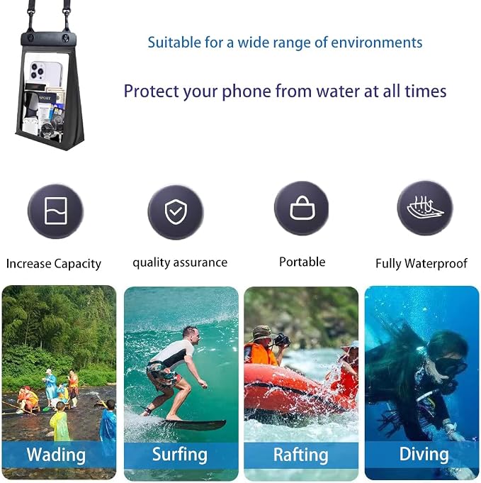 IPX8 Waterproof Phone Case, Waterproof Phone Pouch, Large Capacity Floating Phone Dry Bag for Floating Diving Beach Hiking Camping Sports Outdoor (Clear Black)