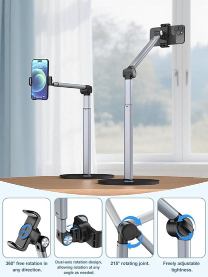 Heavy Duty Aluminum Overhead Phone Stand for Recording, Adjustable iPhone Tripod for Overhead Shots, Sturdy Stand for Cooking, Crafting, Filming, Painting – Perfect for Creators（Clip）