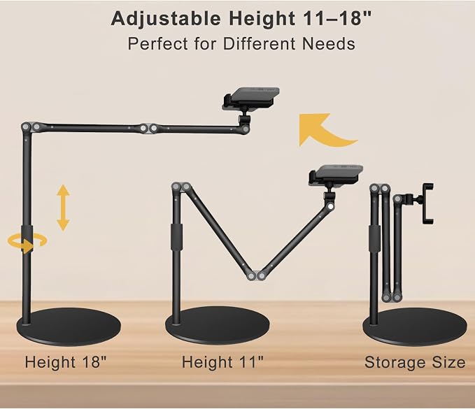 Heavy Duty Overhead Phone Mount for Desk, 17 in Long Arm iPhone Holder, 360° Swivel Stand for Video Recording, Filming, Live Streaming, Cooking, Painting, Crafting