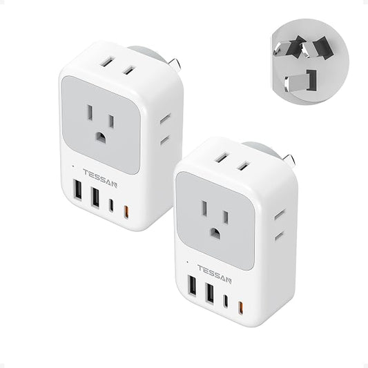 New Zealand Power Adapter 2 Pack, TESSAN PD 20W US to Australia Plug Adapter with 4 AC Outlets 4 USB Ports (2 USB C), Type I Travel Adaptor for USA to Australian Argentina China Fiji AU NZ Samoa
