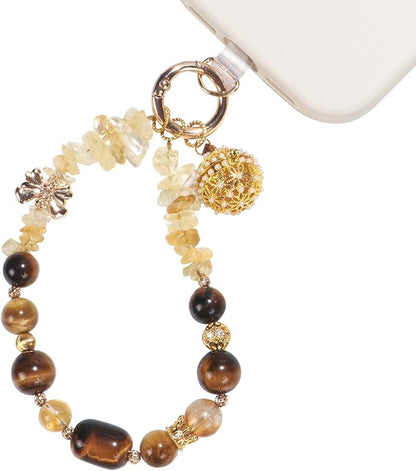 TEAMOLA Natural Stone Phone Charm, Handmade Crystal Cellphone Chain for Universal, Beaded Healing Anti Theft Phone Wrist Strap with Tether Tab, Citrine & Tiger's Eye & Aromatic Ball Pendant