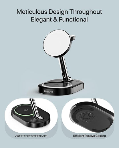 Fast Charging Station for Magsafe Apple Devices, Wireless Charger Station for MagSafe iPhones, 3 in 1 Magnetic Charger Stand for iPhone 17/16/15/14/13/12, Apple Watch & AirPods(Blk)