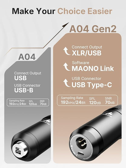 MAONO XLR/USB Condenser Microphone: 192kHz/24Bit Plug & Play PC Computer Podcast Cardioid Metal Mic Kit with Software, Professional Sound Chipset for Recording, Studio, Singing, YouTube A04 Gen2