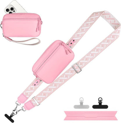 YFWE Clip and Go Strap for Phone with Wallet Crossbody, Adjustable Phone Lanyard with Detachable RFID Wristlet Wallet, Pattern Strap - Pink(L)