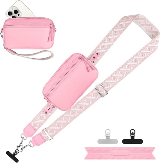 YFWE Clip and Go Strap for Phone with Wallet Crossbody, Adjustable Phone Lanyard with Detachable RFID Wristlet Wallet, Pattern Strap - Pink(L)