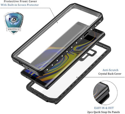 Lanhiem Galaxy Note 9 Phone Case, IP68 Waterproof Dustproof Shockproof Case with Built-in Screen Protector, Full Body Sealed Underwater Protective Clear Cover for Samsung Galaxy Note 9 (Black/Gray)