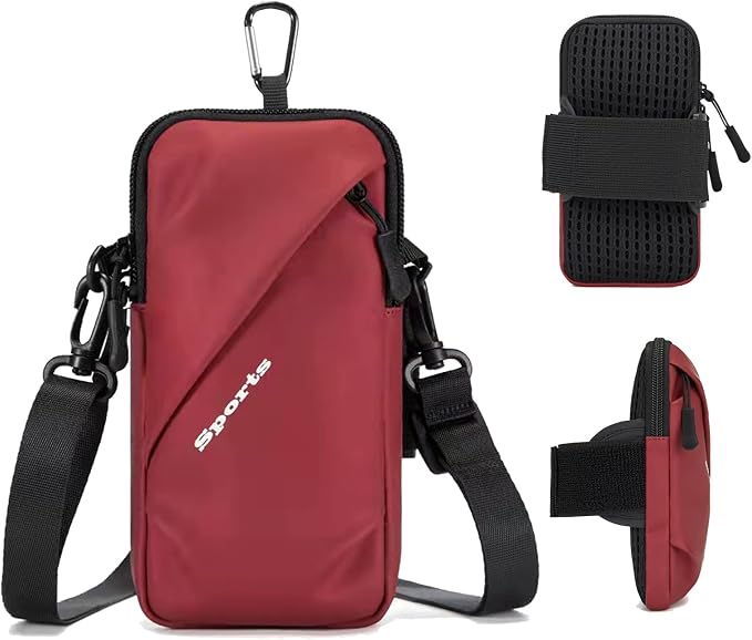 Cell Phone Holder Arm Band, Small Crossbody Shoulder Holsters Bag with Armband, Fits iPhone and All Cell Phones, Use for Running, Walking, Hiking & Biking (Plus Size,Red)