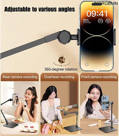 Overhead phone stand for Video Recording on desk,Adjustable Smartphones holder,Articulating Arm Stand with Base, Flexible Cell Phone mount for Live Streaming, filming,Painting Lighting ooking (Black)