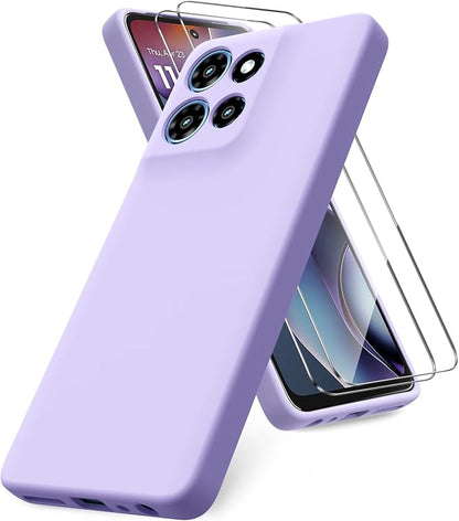 for Motorola Moto G 2025 Case, 2 Pack Tempered Glass Screen Protectors, Soft TPU Liquid Silicone Shockproof Gel Case-Light Lilac