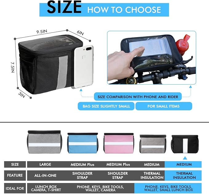 Bike Handlebar Bag - Front Basket with Bike Phone Mount, Bicycle Cooler Pouch Pack for Kids Girls Boys Men Women