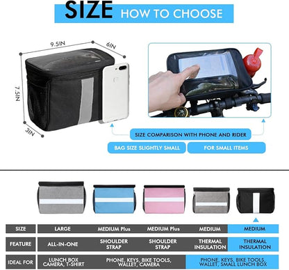 Bike Handlebar Bag - Front Basket with Bike Phone Mount, Bicycle Cooler Pouch Pack for Kids Girls Boys Men Women