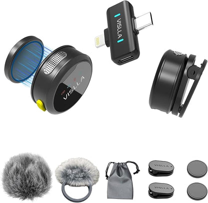 Vislla Mini Microphone for iPhone & Android, Furry Windscreen, Noise Cancelling Wireless Lavalier Microphone,Clip On Lapel Mini Mic Pro for Content Creators Vlogging/YouTube/Tiktok/Streaming/Interview