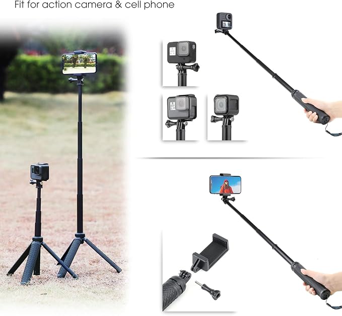SOONSUN 3in1 Aluminum Waterproof Selfie Stick for GoPro Hero 13 12 11 10 9 8 7 6 5 4, Fusion, Max, Session, Insta360, AKASO, SJCAM, Osmo Action Camera - Extenbale Monopod Pole, Hand Grip, Tripod Stand