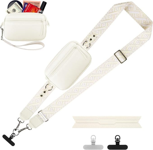 YFWE Clip and Go Strap for Phone with Wallet Crossbody, Adjustable Phone Lanyard with Detachable RFID Wristlet Wallet, Pattern Strap, Cream (M)