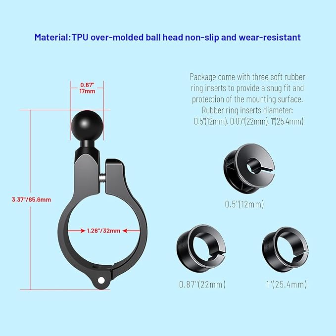 Bike Handlebar Mount, Aluminum Alloy Clamp Mounts Base Ball Adapter with 0.67"(17mm) TPU Ball for Round Rails, Compatible with RAM Mounts Ball Socket Arm