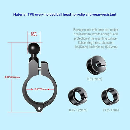 Bike Handlebar Mount, Aluminum Alloy Clamp Mounts Base Ball Adapter with 0.67"(17mm) TPU Ball for Round Rails, Compatible with RAM Mounts Ball Socket Arm