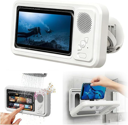 Shower Phone Holder Waterproof with Speaker and Key Control, Wall-Mounted Water Proof Anti Fog Case, Built-In Wireless Speaker, 360° Rotatable, Extendable and Adjustable, Waterproof Screen Touch