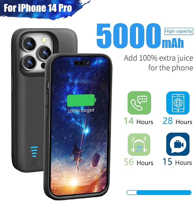 Sitong Battery Case for iPhone 14 Pro, 5000mAh Rechargeable Extended Battery Charging Charger Case, Add 100% Extra Juice (6.1 Inches) Black