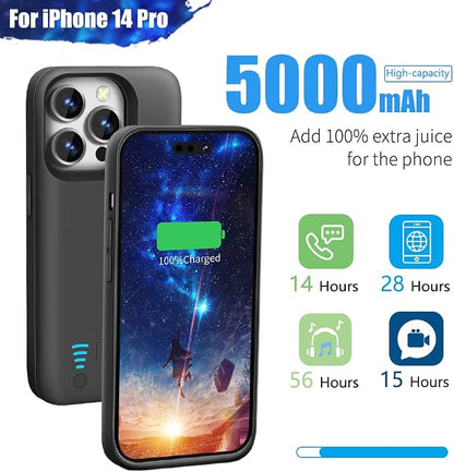 Sitong Battery Case for iPhone 14 Pro, 5000mAh Rechargeable Extended Battery Charging Charger Case, Add 100% Extra Juice (6.1 Inches) Black