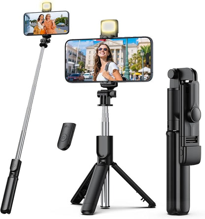 Selfie Stick Tripod with Light, Retractable Selfie Stick Tripod with Wireless Remote Control, for Photograph, Live Streaming, Video Recording, Compatible with 4-7'' Smartphone