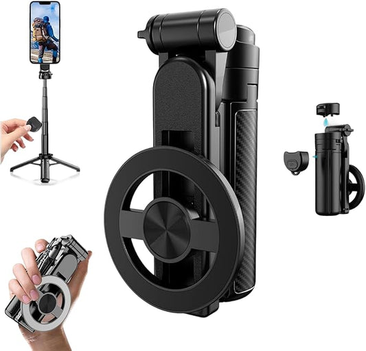 Magnetic Pocket Selfie Stick, 4-in-1 Magnetic Selfie Stick for iPhone with Rechargeable Remote, Portable Extendable Tripod Stand for Home, Travel, Vlogging & Video Recording (Black)