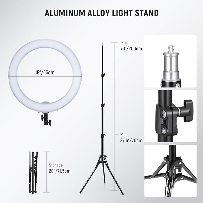 NEEWER 58W 18"/45cm Ring Light Kit, 3200K & 5600K Bi Color Dimmable CRI95 LED Selfie Lighting for iPhone with Tripod Stand/Phone Holder/Cold Shoe for Makeup Studio Video Recording Photography, RL-18