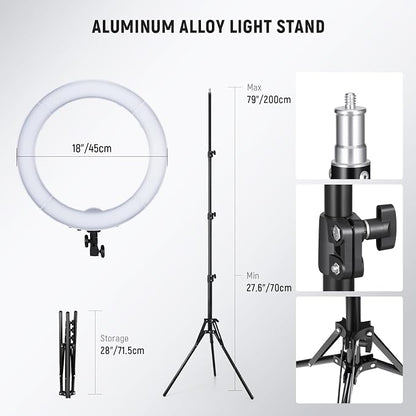 NEEWER 58W 18"/45cm Ring Light Kit, 3200K & 5600K Bi Color Dimmable CRI95 LED Selfie Lighting for iPhone with Tripod Stand/Phone Holder/Cold Shoe for Makeup Studio Video Recording Photography, RL-18