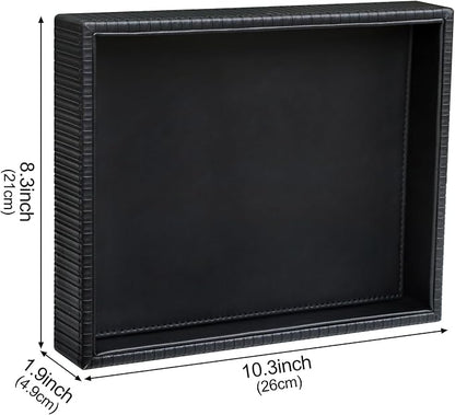 HofferRuffer Faux Leather Vanity Tray, Elegant Desktop Storage Organizer, Decorative Catchall for Perfume, Bathroom Valet, Nightstand or Dresser, 10.2 x 8.4 x 1.8 inches (Black Stripe)