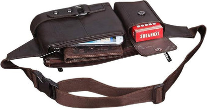 Hebetag Leather Waist Bag Fanny Pack for Men Hip Bum Belt Waist Purse Travel Hiking Walking Cell Phone Pouch Sling Chest Daypack, Coffee
