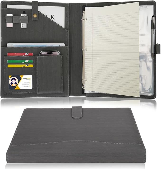 Wonderpool A4 PU Leather Portfolio Holder Ring File Document Case with Removable Binder Clipboard, Multi Pocket and Legal Pad for Business Organizer Interview and Meeting (Gray)