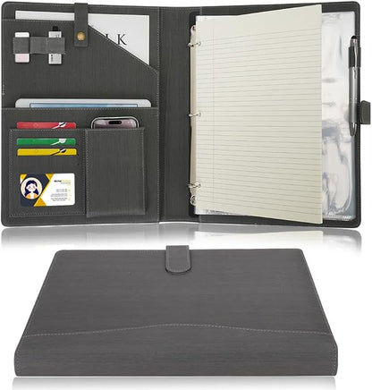 Wonderpool A4 PU Leather Portfolio Holder Ring File Document Case with Removable Binder Clipboard, Multi Pocket and Legal Pad for Business Organizer Interview and Meeting (Gray)