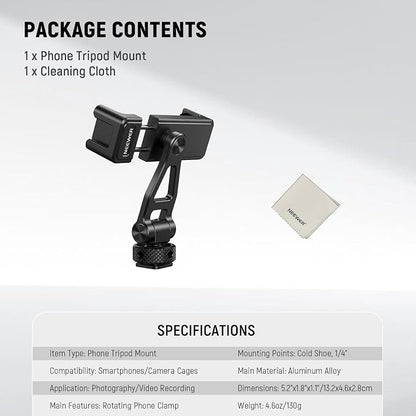 NEEWER Adjustable Phone Tripod Mount with Cold Shoe 1/4" Thread 180° Tilt 360° Rotation Cleaning Cloth Phone Clamp Holder Compatible with iPhone Samsung Android Camera Cage for Video Recording, GA010