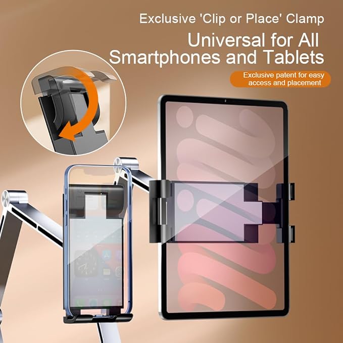 Heavy Duty Phone/Tablet Metal Holder Adjustable Foldable Stand for Desk/Bed Aluminum Universal Lazy Bracket 360° Rotation Flexible Long Arm for 4-13 Inch Devices (Grey, CT9)