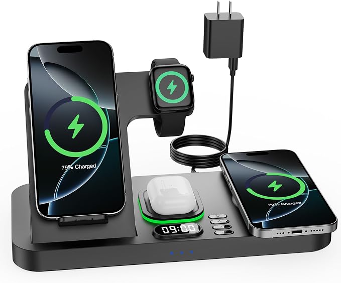 Dual Phone Wireless Charging Station for Apple Devices, Magnetic Charging Station for iPhone with Auto Switch 7-Color Light&Clock, Family Watch Charger for iPhone17 for iWatch11 for AirPods Pro3(Black